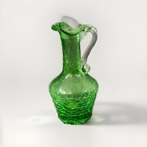 Vintage Green Crackle Glass Clear Handle Mini Pitcher 5&quot; Tall Unmarked - $14.92