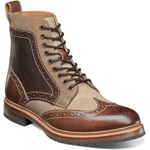 Handcrafted Burnished Wing Tip Toe Premium Brown Beige Leather High Ankle Boots - £127.86 GBP+