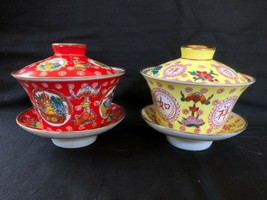 2 x antique porcelain gaiwan Mun Shou Lidded cup.  Sealmark - £187.86 GBP