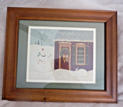 VINTAGE Framed WARREN KIMBLE Snowman &amp; Bunny PRINT 17&quot; X 14&quot; Green Matti... - $59.39
