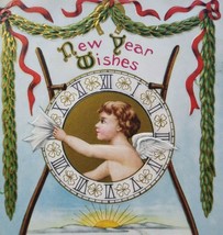 Vintage New Year Postcard Cherub Angel Inside Clock Face Embossed San Francisco - £20.95 GBP
