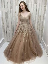 Champagne off shoulder tulle lace long prom dress, lace evening dress - £156.31 GBP