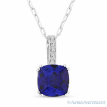 2.04ct Cushion Cut Lab-Made Sapphire &amp; Diamond Pendant &amp; Necklace 14k White Gold - £336.17 GBP