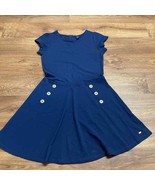 Tommy Hilfiger Solid Navy Blue Dress Girls Size XL/16 Fit Flare Gold But... - £17.02 GBP