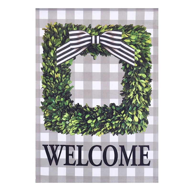 Boxwood Welcome Wreath Plaid Spring Garden Flag-2 Sided Message, 12.5&quot; x... - $19.99