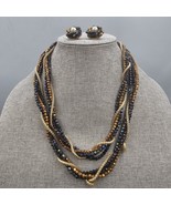 Beaded Necklace Clip On Earring Set Black Iridescent Copper Gold Tone To... - $41.04 CAD