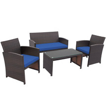 4Pcs Patio Conversation Set Outdoor Rattan Furniture Set W/ Navy Cushions - £331.63 GBP
