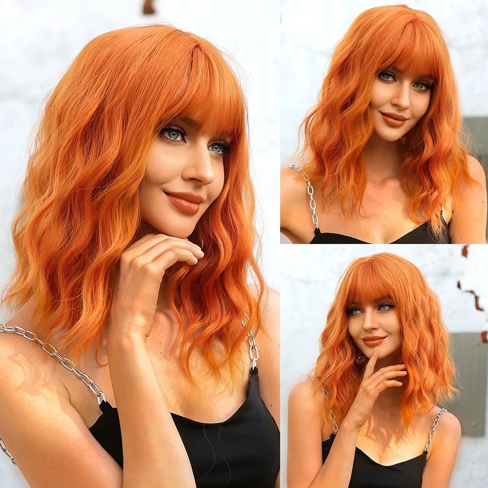 Short Curly Bob Cut Synthetic Wigs with Bangs Light Ginger Orange Water Wave W - £16.67 GBP+