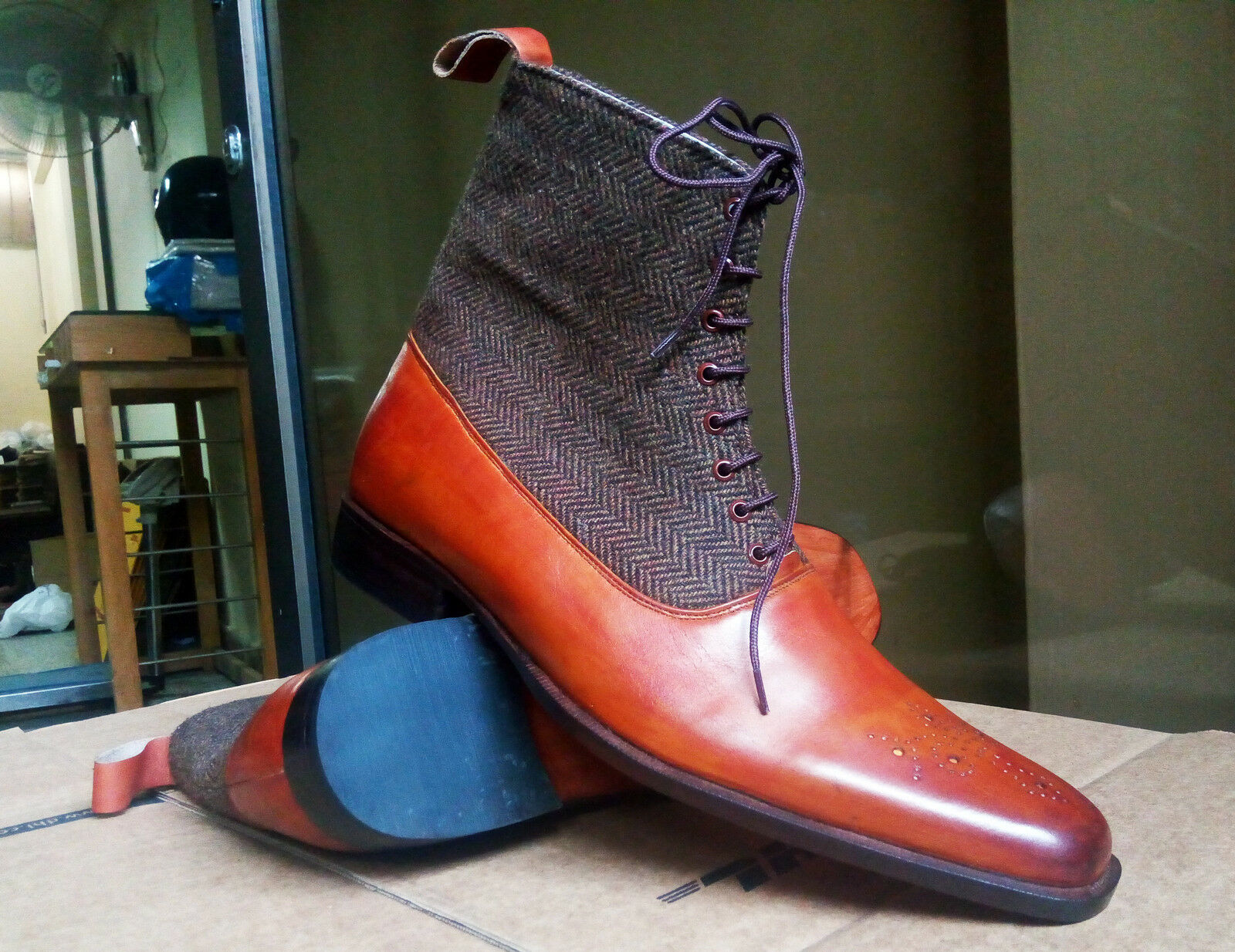 Men's High Ankle Tan Burnished Brogue Toe Tweed Vintage Leather Boots US 7-16