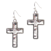 Hammered Cross Dangle Drop Earrings White Gold - $12.29