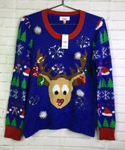 Bongo Juniors Womens Size M Reindeer Ugly Christmas Sweater Sequins Embellished - £19.36 GBP