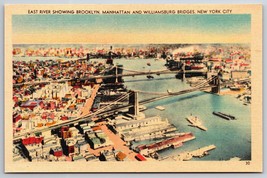 East River Manhattan Bridges New York City NY NYC UNP Unused Linen Postcard H15 - £2.34 GBP