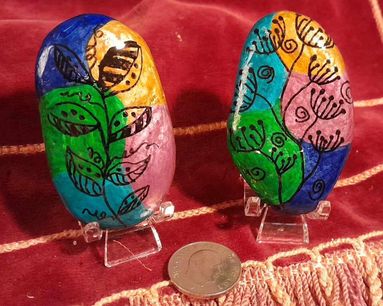 Flora Color Pop Painted Rocks SET of 2 Mixed Media Desk Decor Jewel Flor... - $5.95