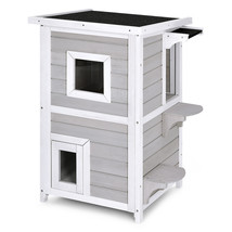 Costway 2-Tier Wooden Cat House Outdoor Kitty Shelter w/ Escape Door Rainproof - £130.28 GBP