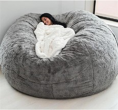 Big Round Soft Fluffy Faux Fur Beanbag Lazy Sofa Bed Cover (Light Grey, 5Ft) - £50.95 GBP