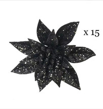 7&quot; Black Artificial Poinsettia Faux Flowers Glitter for DIY Decorations 15pc - £14.10 GBP