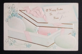 Pale Colored Pink Blue Eggs w/ Ribbon Happy Easter Gold Embossed Postcard c1910s - £6.25 GBP