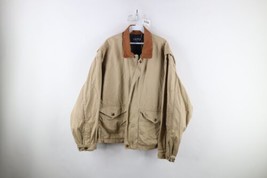 Vintage 90s Nautica Mens Large Leather Collar Lined Cotton Bomber Jacket Beige - £54.26 GBP