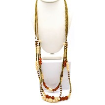 Triple Strand Chic Bib Necklace, Vintage Gold Tone Chains with Neutral Tone Glas - £29.57 GBP