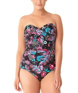 Anne Cole Black Floral Wrap Twist Front Shirred Bandeau One Piece, 16W 9... - $115.09 CAD
