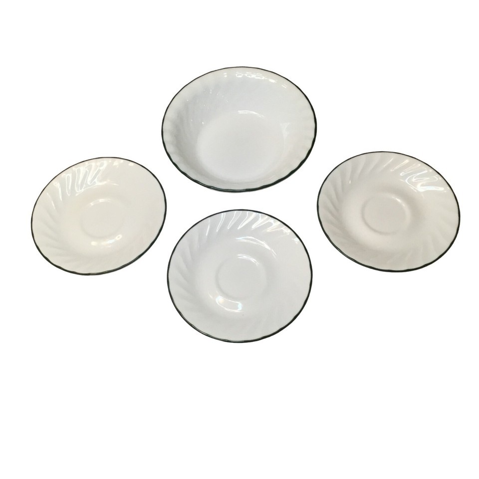 CORNINGWARE DISHES Green Trim 3 Teacup Saucers 1 Cereal Bowl REPLACEMENT... - $14.73
