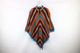 Vintage 60s Boho Chic Womens One Size Wool Fringed Rainbow Striped Poncho Cape - £71.01 GBP