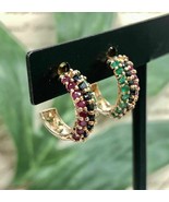 Ruby Sapphire Emerald Half Hoop Post Earrings 14K Yellow Gold Over Estat... - €88,99 EUR