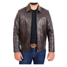 DR104 Men&#39;s Classic Zip Box Leather Jacket Brown - £146.97 GBP