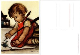 Hummel Little Girl in Red Dress Finger Painting German Vintage Postcard - £7.49 GBP