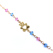 Girl&#39;s Bracelet 9k Yellow Cable Chain Teddy Bear Blue Pink Topaz Faceted Beads - £85.61 GBP
