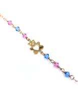 Girl&#39;s Bracelet 9k Yellow Cable Chain Teddy Bear Blue Pink Topaz Faceted... - £84.24 GBP