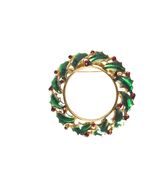 Vintage Christmas Holiday Gold Tone Wreath Brooch Pin Red Holly Berries ... - $308.77 MXN