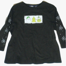 Ugly Christmas Top L CB Casual Embellished Holiday Tee Sequin Bead Santa Snowman - £19.80 GBP