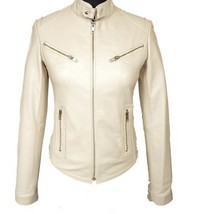 White Fashionable Women Leather Jacket With Tab Collar Front Zipper Hand... - $137.19