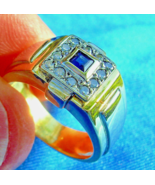 Earth mined Diamond Sapphire Deco Ring Geometric 18k White Yellow Gold - £1,945.45 GBP
