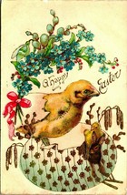 A Happy Easter Chicks Bunny Flower Egg Gilt Embossed UNP DB Postcard E4 - $8.87