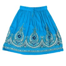 Blue Yellow Boho Bohemian Embroidered Tie Elastic Waist Knee Length Skir... - $437.95 MXN