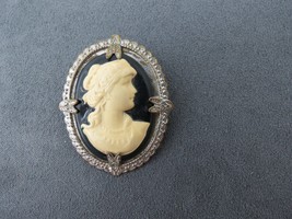 Antique Celluloid Cameo Style Brooch Silver Tone Metal Black Cream Face  1.75&quot; - £14.23 GBP