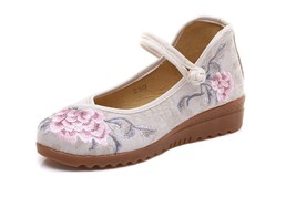 Veowalk Flower Embroidered Women Cotton Fabric Flat Platforms Ankle Strap Elegan - £31.05 GBP