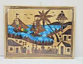 Wood Inlay Marquetry Wall Art Panel Haiti Seascape Signed by Art Garraud 12x16 - £39.13 GBP