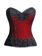 Red Satin Black Handmade Sequins Corset Gothic Bustier Waist Training Ov... - $63.99