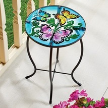 Glass Top Accent Table Butterfly Outdoor Patio Porch Deck Plant Stand Furniture - £27.73 GBP