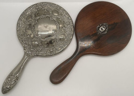 Antique wood hsnd held mirror with sterling silver emblem on back &amp; vtg mirror - £73.76 GBP