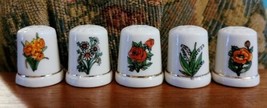 Set of 5 Vintage UCGC Taiwan Gold Ringed Floral Porcelain Sewing Thimbles  - $29.69