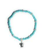 Teal Beaded Stretchy Bracelet with Silver Alloy Turtle Charm and Accents - $10.99