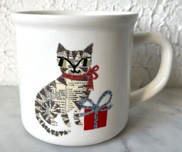 Pottery Barn &amp; Denise Fiedler Mug Whimsical Cat WIth Wrapped Gift Coffee Cup - £15.14 GBP