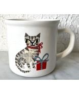 Pottery Barn &amp; Denise Fiedler Mug Whimsical Cat WIth Wrapped Gift Coffee... - £15.11 GBP