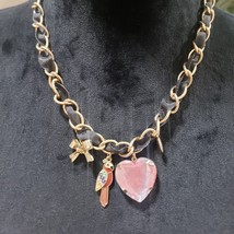 Fashion Gold Tone Link Chain Pink Stone Statement Necklace w/ Lobster Clasp - £21.43 GBP