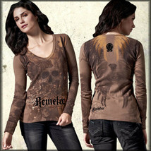 Remetee Skull Angel Wings Crow Feathers Womens Long Sleeve V-Neck Thermal Brown - £67.01 GBP
