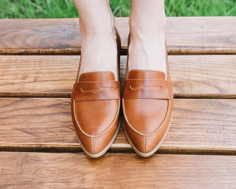 Shoegazing Saddle Brown Split Toe Penny Loafer Pure Leather Women Formal Shoes